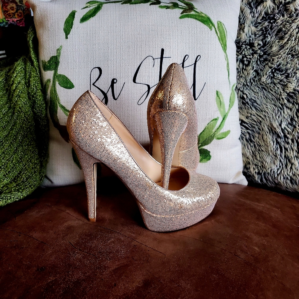 ALDO Genuine Leather Gold Metallic Shimmer Platform Stilettos- Size 38 (7 1/2)